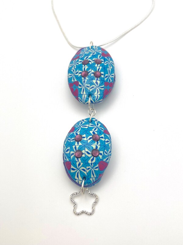 Blue Shell Shaped pendant with black crystals and Silver chain